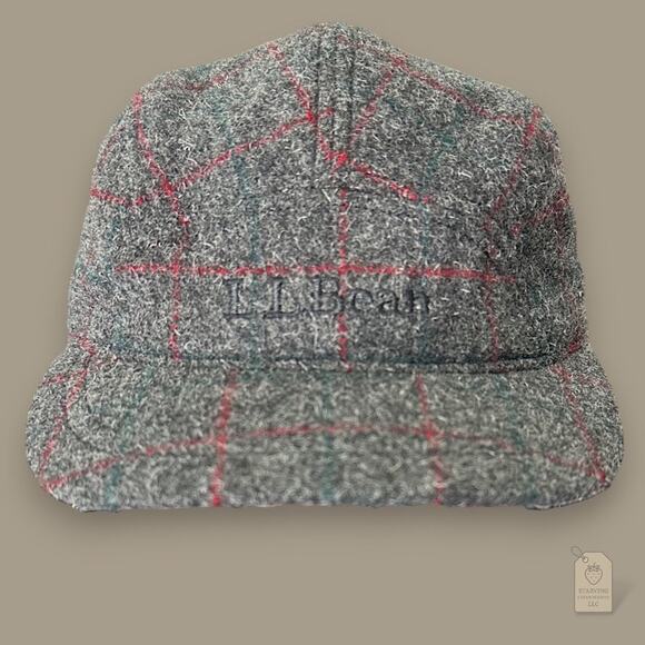L.L. Bean Wool Plaid Winter Ear Flap Hat Gray Red Check Small - Picture 1 of 7
